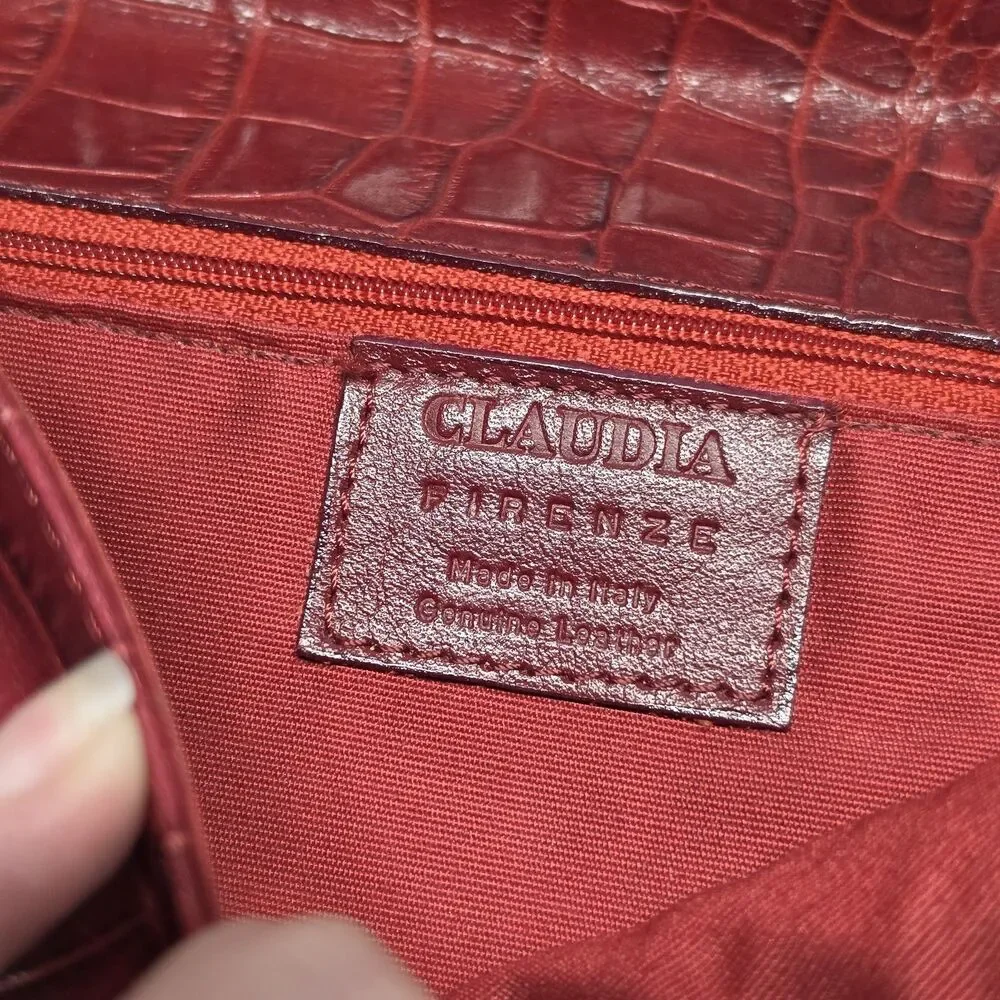 Claudia Firenze Croc Embossed Studded Clutch In Burgundy Red Leather Italy